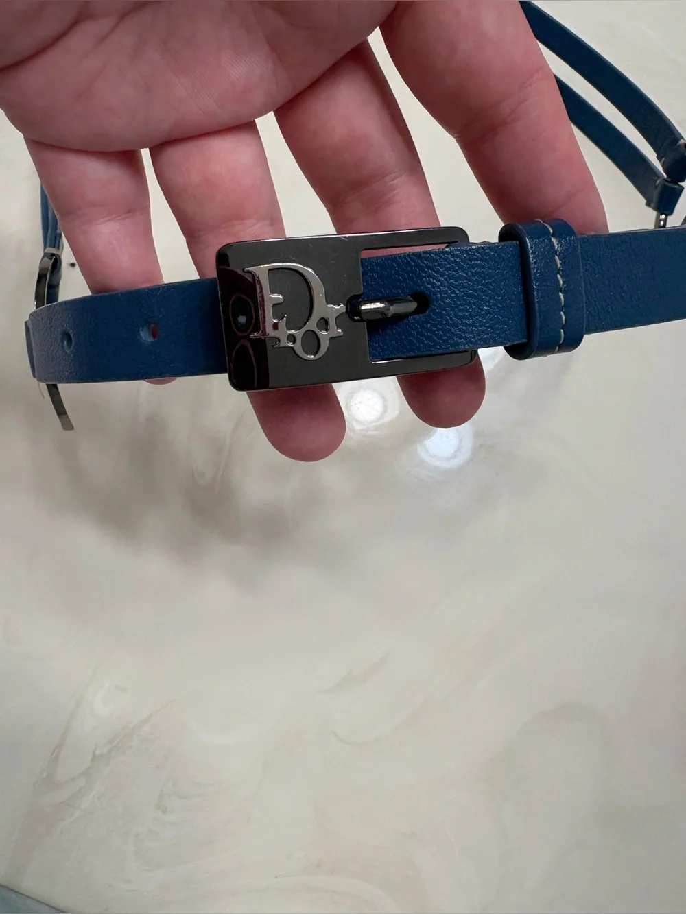 Dior Blue Leather womens Belt with Silver Logo Buckle